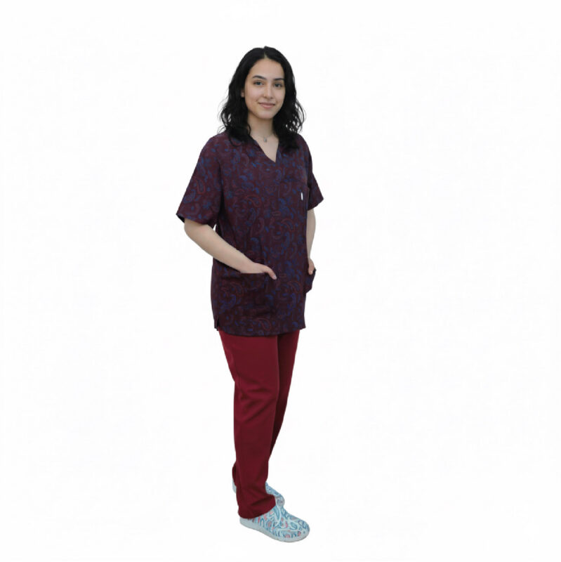 Casaque médicale pour femme avec design et pantalon rouge - Tissu sergé